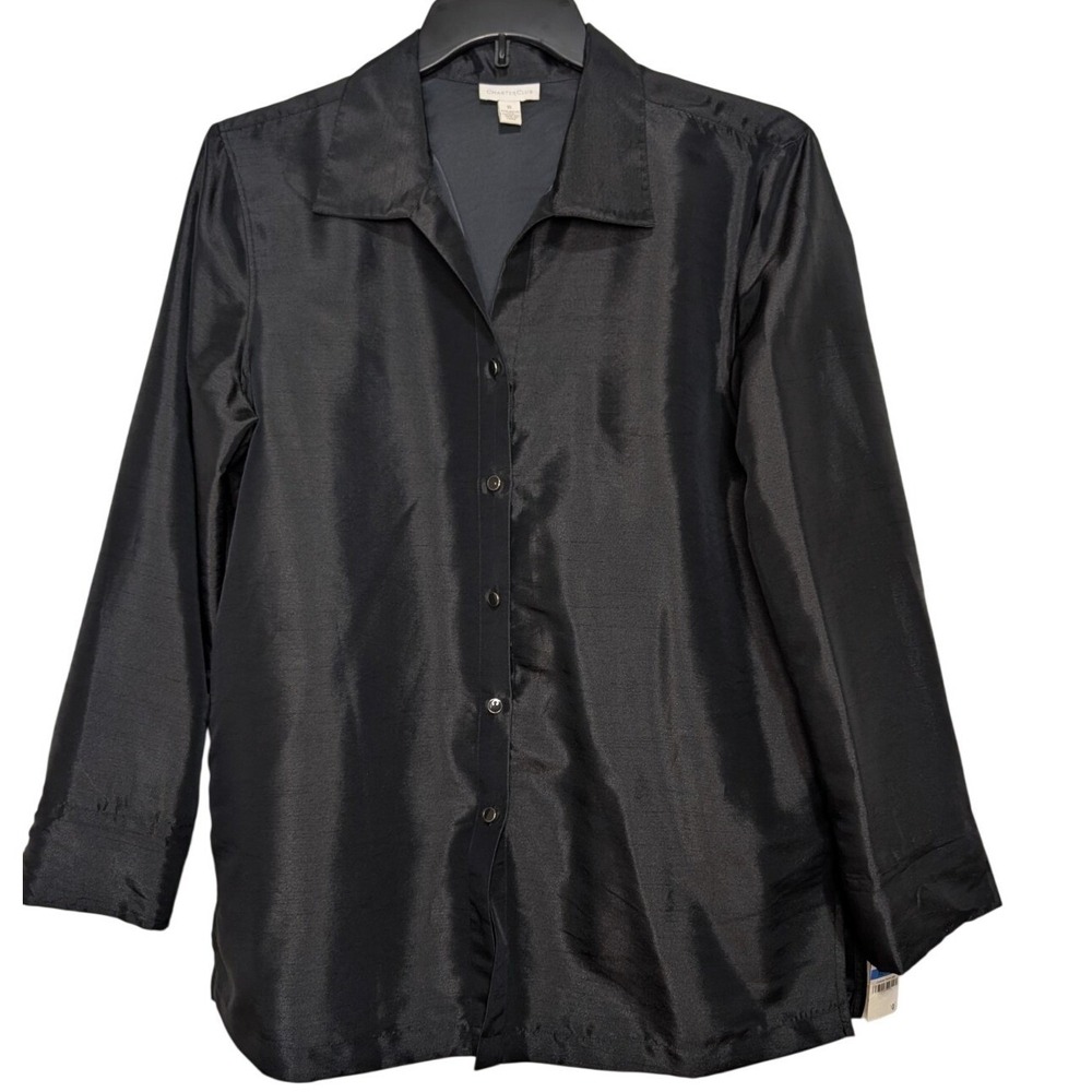 Charter Club Womens XL Deep Black Button Down Shirt Long Sleeve Shimmer Blouse